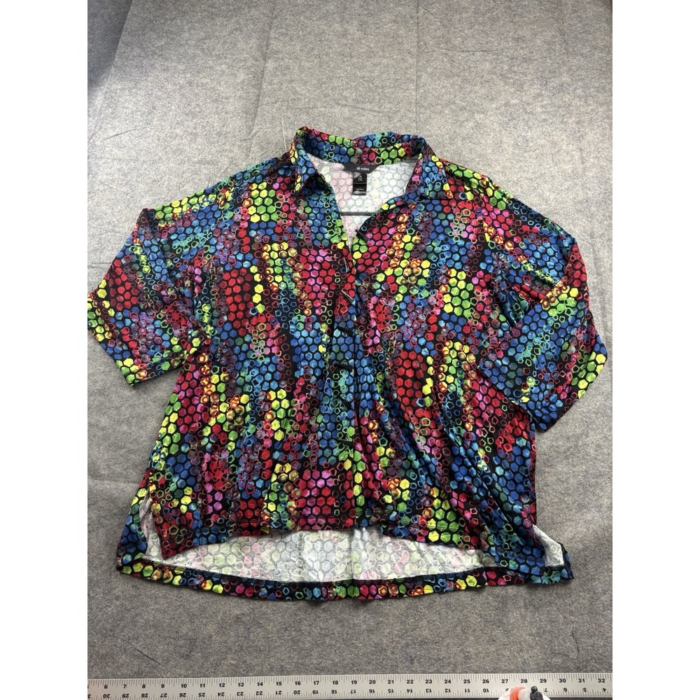 Ali Miles Women 2X Crinkle Knit Abstract Tile Collar 3/4 Sleeve Button Tunic Top